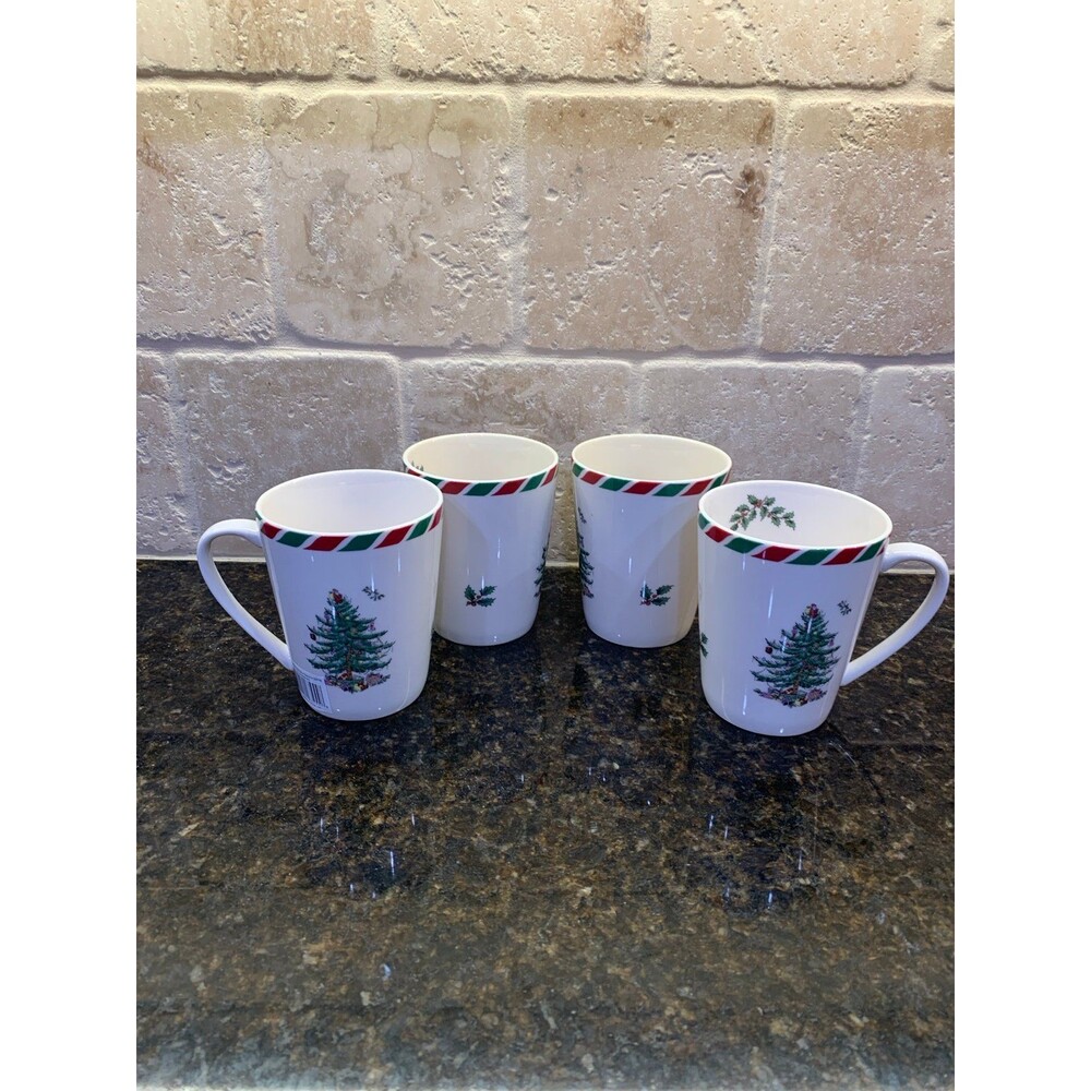 Spode Christmas Tree Peppermint 14 Oz Set of 4 Mugs NEW